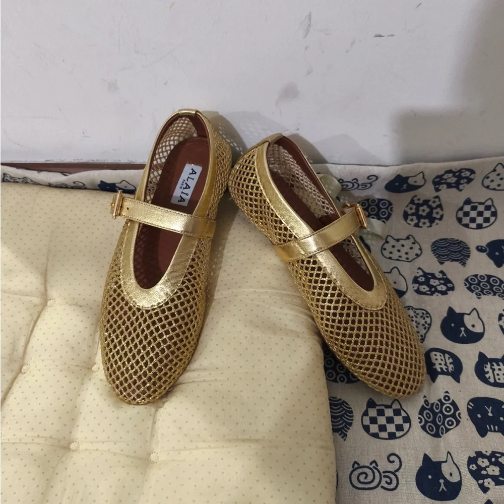 Alaïa Metallic Gold Mesh Mary Jane Flats